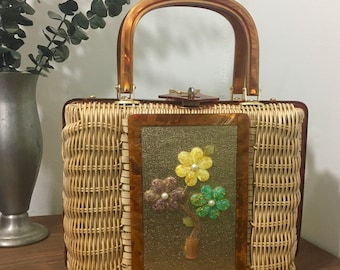 1950s Adele Handbag, Vintage Wicker & Lucite Top Handle Purse, Mid Century Accessory