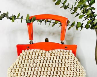 1960s Made In Italy Beaded Purse w/Orange  Handle Handbag, Vintage 60s Purse, Mid Century Retro