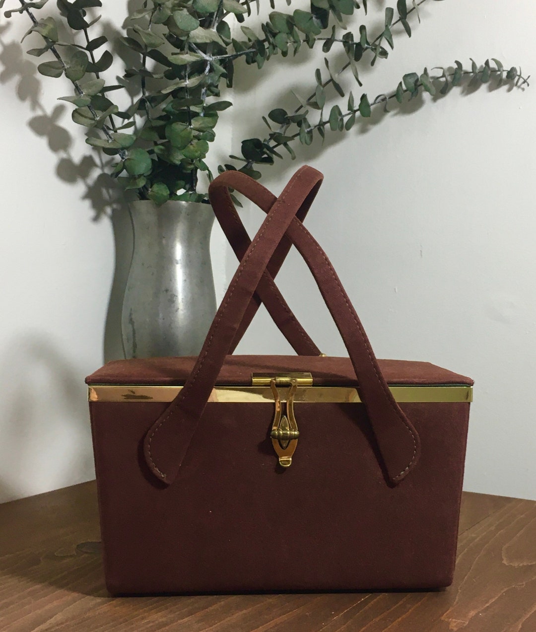 Vintage Cocoa Brown Suede Top Handle Box Bag, Vintage Brown Purse, Mid