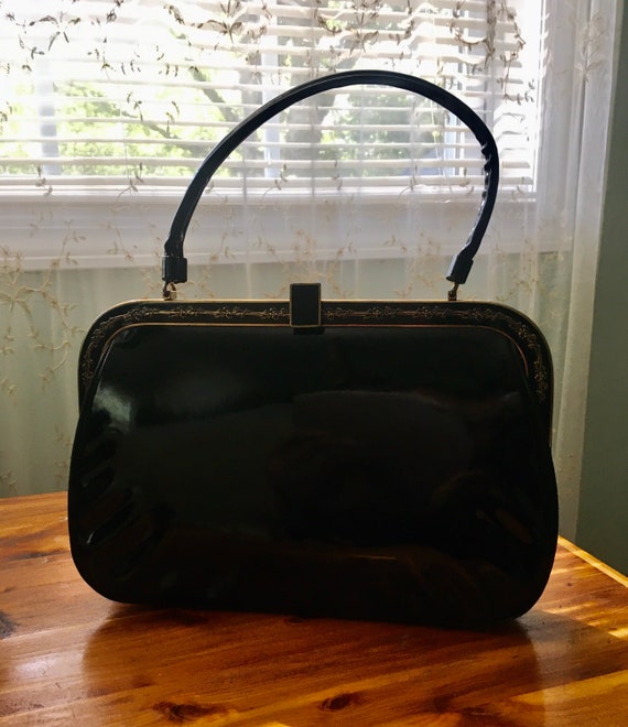 New VTG Fifties Retro 1950s stylish Patent look Framed Box Bag