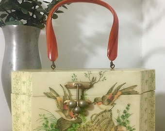 1960s 1970s Wooden Decoupaged Box Purse, Vintage Bird Purse, Vintage Accessory