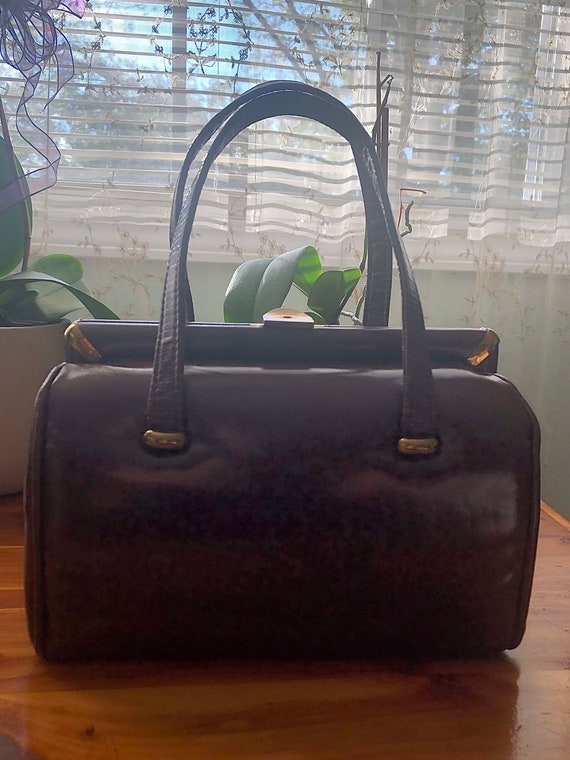 Vintage Kadin Brown Vinyl Handbag, Vintage Top Ha… - image 1