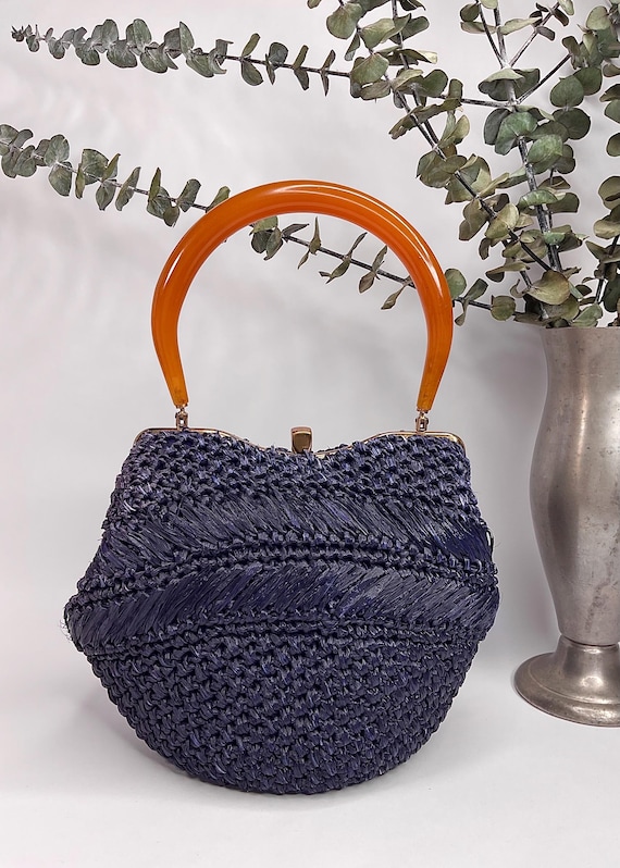 Vintage Morris Moskowitz Blue Raffia Purse, Bakelite Handle, 1950s Handbag