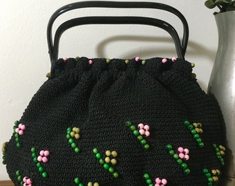 1950s Black Gimp Cord Beaded Purse, Vintage Beaded Top Handle Handbag, Mid Century Accessory