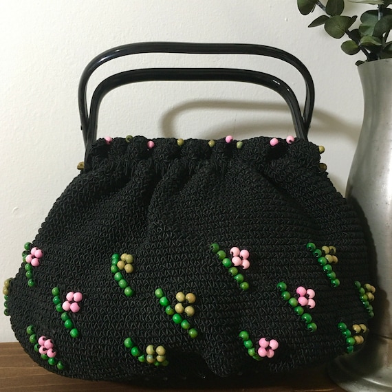 1950s Black Gimp Cord Beaded Purse, Vintage Beaded Top Handle Handbag, Mid Century Accessory
