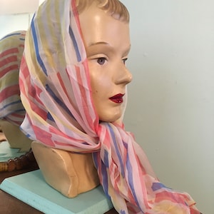 Vintage Ladies Faded Red White And Blue Nylon Headscarf, 1950s Scarf, Mid Century Accessory