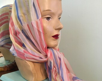 Vintage Ladies Faded Red White And Blue Nylon Headscarf, 1950s Scarf, Mid Century Accessory