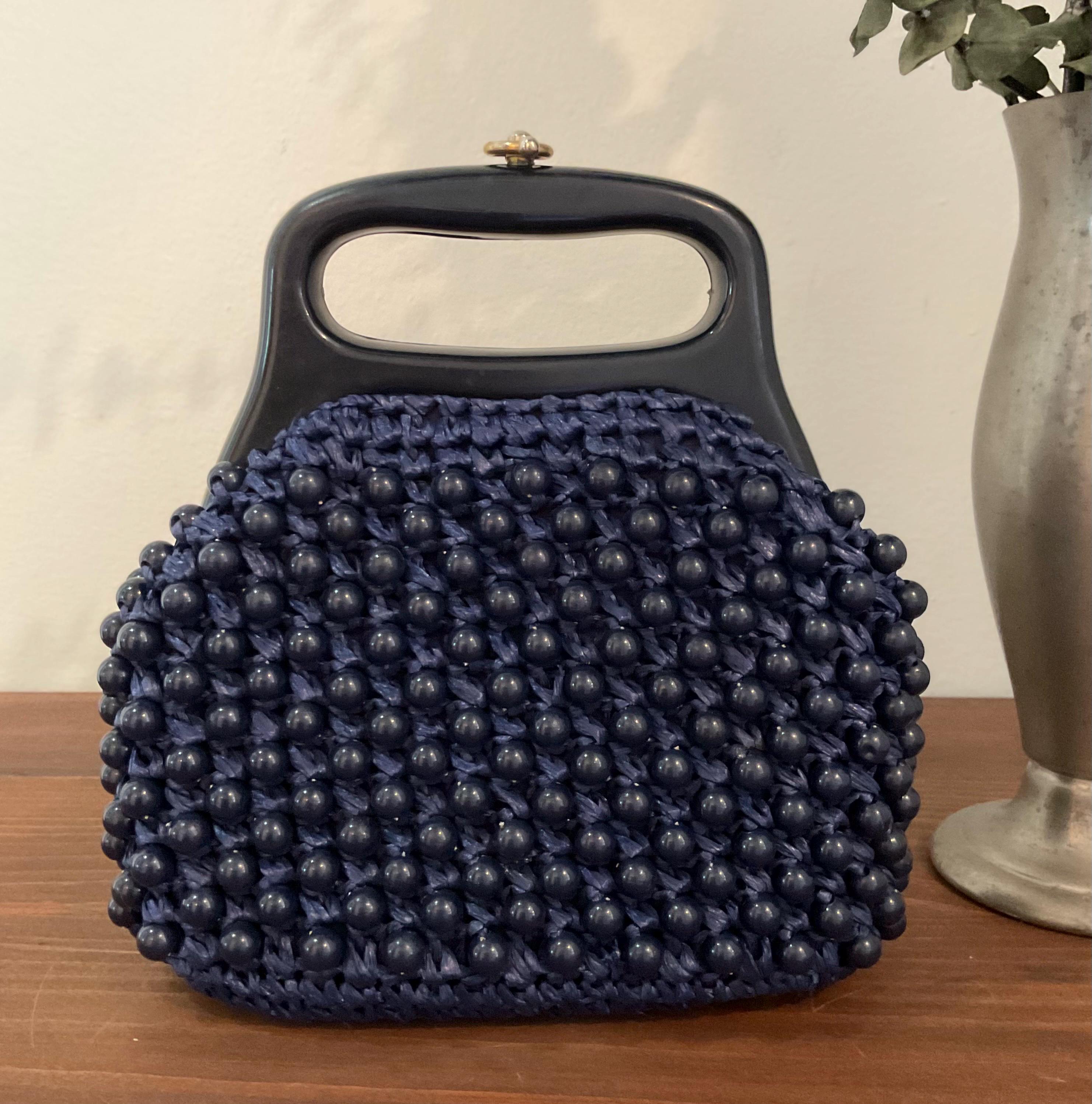 1960s Le Jule Navy Blue Beaded Purse, Vintage 60s Blue Handbag, Mid Century Accessory