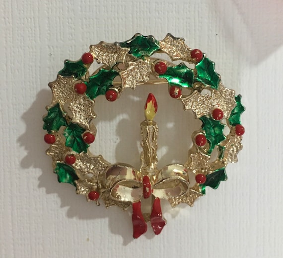 Vintage Wreath Christmas Brooch, Vintage Christma… - image 1