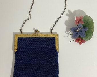 Art Nouveau Flapper Blue Glass Beaded Purse, Antique Evening Bag