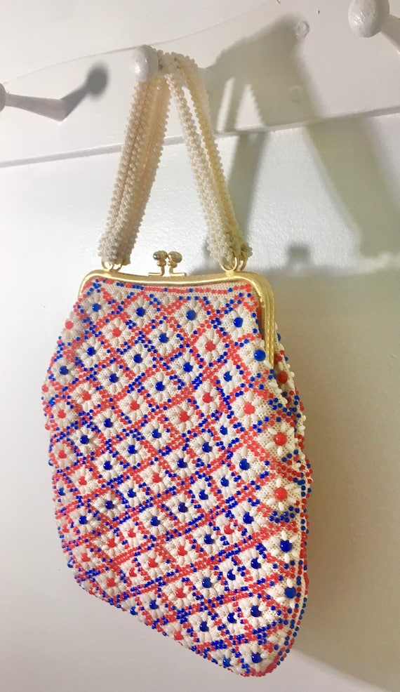 1950s Red White Blue Bead Purse, Vintage 50s Bead… - image 5
