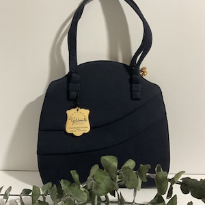 NOS de la década de 1950 con etiqueta Lou Goldsmith bolso de tela antalure azul marino, bolso azul marino vintage, accesorio de mediados de siglo