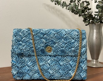 1950s 1960s Made Expressly For Federal’s Blue Woven Raffia Purse, Vintage Blue Shoulder Bag,