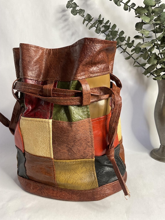 1960s 1970s Multi Colored Patchwork Drawstring Bu… - image 4