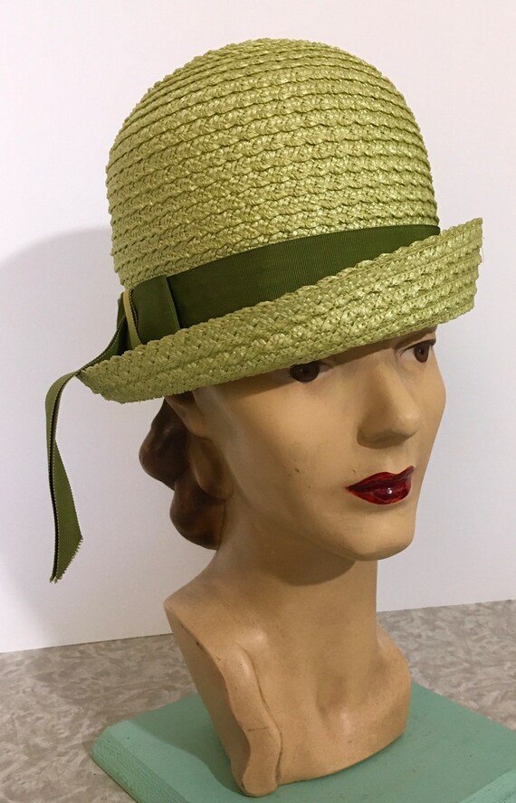 1950s 1960s Green Woven Raffia Straw High Crown Cl