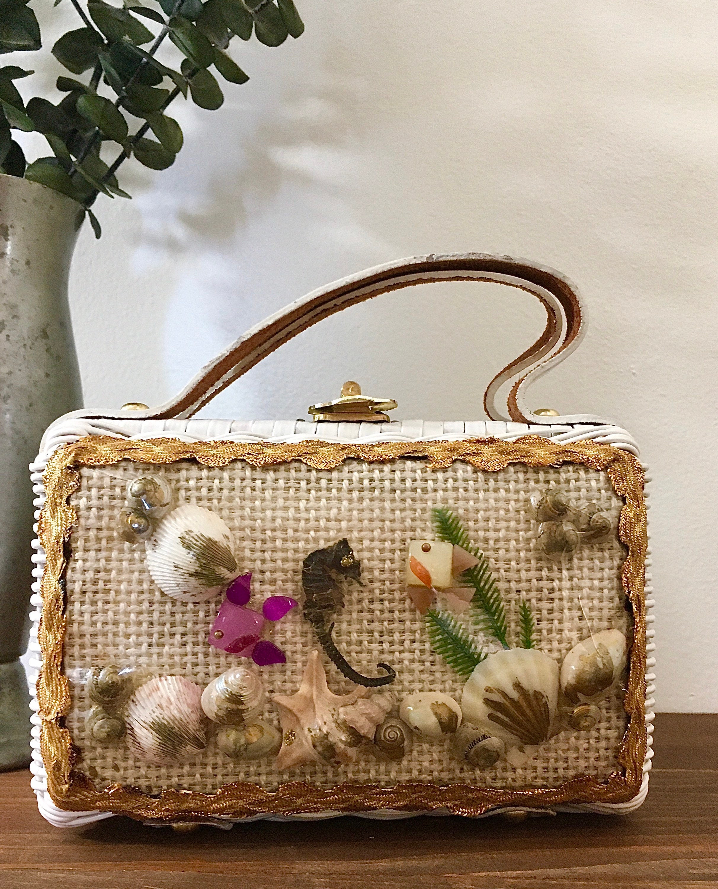 Vintage Woven Wicker Seashell Handbag, 1950s Top Handle Purse - Etsy
