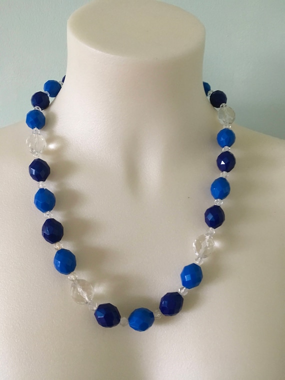 Vintage Blue and Clear Beaded Necklace