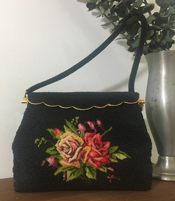 Vintage Floral Bead Purse/ Beaded Bag/ 1950s Purse/ Vintage 