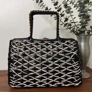 1950s 1960s Black & White Vinyl Top Handle Handbag, Vintage Purse, Mid Century Accessory