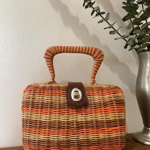 1950s 1960s Multi Colored Coated Wicker Top Handle Handbag, Vintage Purse, Mid Century Accessory