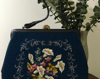 1960s Floral Needlepoint Tapestry Purse, Vintage Top Handle Handbag, Vintage Accessory