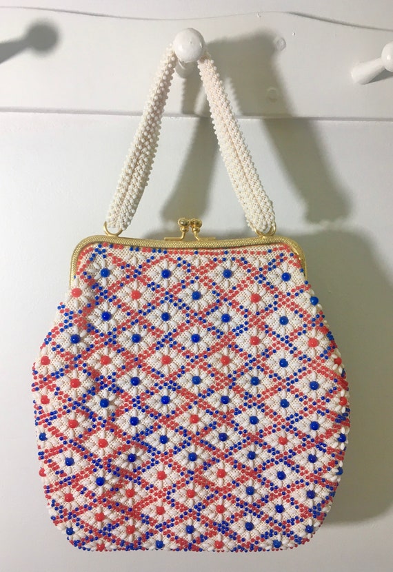 1950s Red White Blue Bead Purse, Vintage 50s Bead… - image 2
