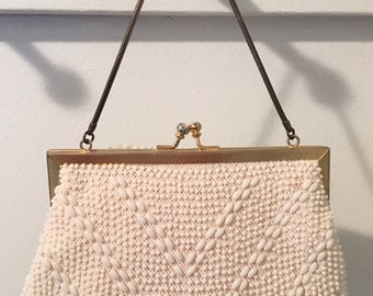 1950s Off White Beaded Purse, Vintage Evening Bag, Mid Century Accessory