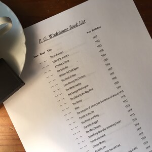 May include: A printed P.G. Wodehouse book list with titles and publication years, next to a cup of tea and a dark chocolate bar. The list includes titles like "The Pothunters" and "Mike". The tea cup is white and the chocolate bar is dark.