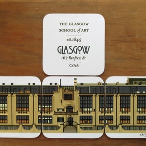Pixel Glasgow - Glasgow Art School - Mackintosh Building. 4 Hardboard Coaster Set. Cityscape Pixel Illustration.