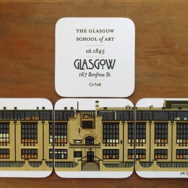 Pixel Glasgow - Glasgow Art School - Mackintosh Building. Ensemble de 4 panneaux de Coaster. Illustration de paysage urbain de Pixel.