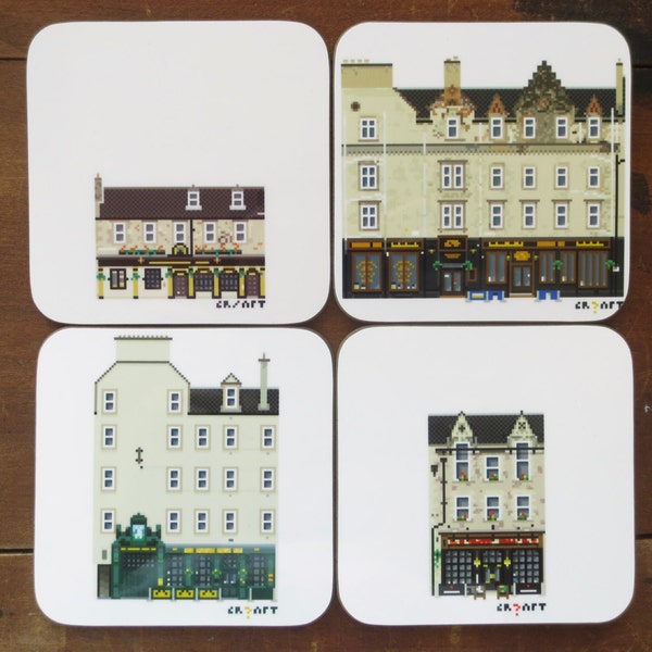 Pixel Edinburgh - Grassmarket Pubs et Bars. Ensemble de 4 panneaux de Coaster. Illustration de paysage urbain de Pixel.