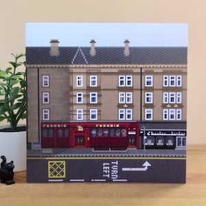 Pixel Dundee - Le Phénix Bar. Carte de voeux. Pub écossais Cityscape Pixel Illustration. CR?AFT Écosse