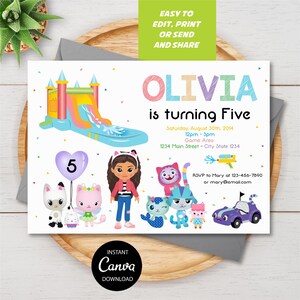 May include: A birthday party invitation featuring a colourful bounce house, a cartoon character, and several cat figures. The text reads: OLIVIA is turning Five, Saturday, August 30th, 2014, 12pm - 3pm, Game Area, 1234 Main Street - City State 1234, RSVP to Mary at 123-456-7890 or mary@email.com.
