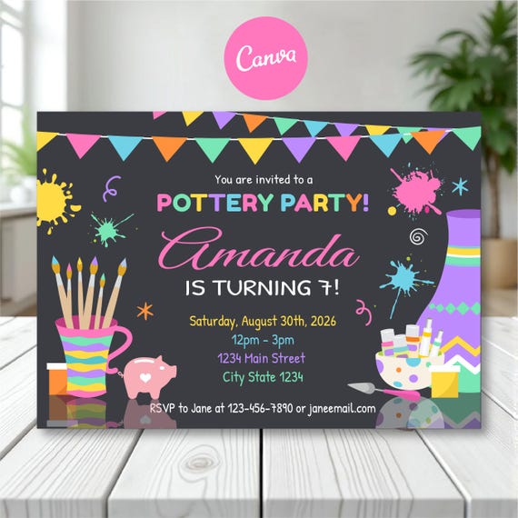 Editable Painting Pottery Birthday Invitation, Art Birthday Invite, Artist Invitation, Canva Template, INSTANT DOWNLOAD