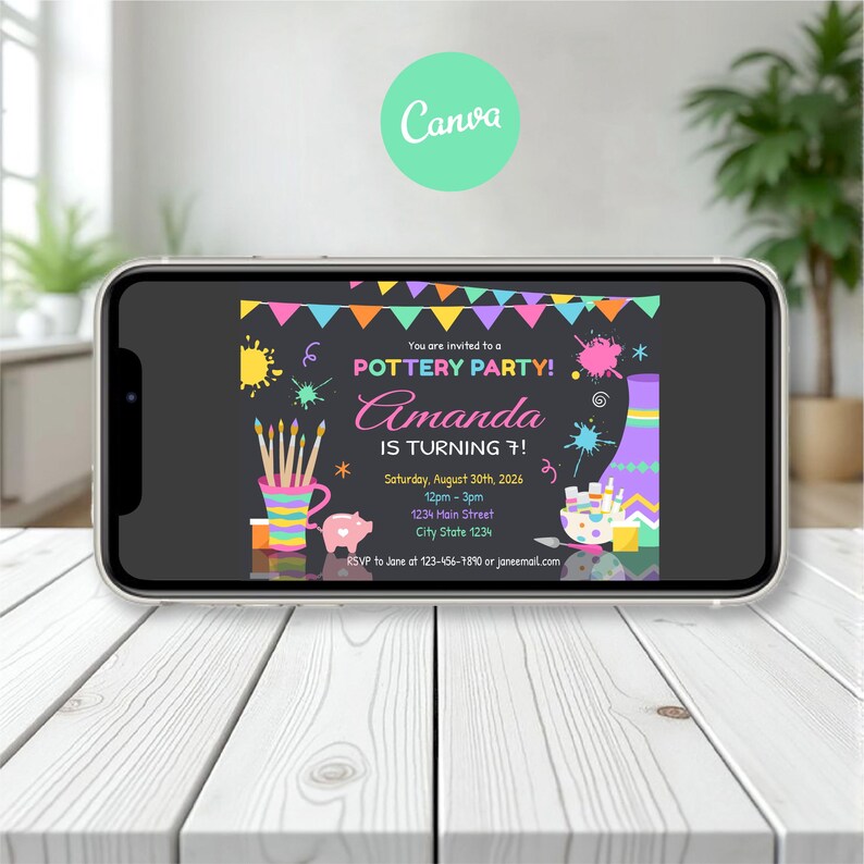 May include: A digital invitation on a smartphone screen for a pottery party for Amanda turning 7. The dark gray background features colorful bunting, paint splatters, a mug with brushes, a piggy bank, and a vase with the event details.