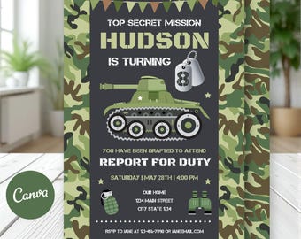 EDITABLE Army Birthday Invitation, Military Birthday Invitation, Tank Invitation, Canva template, INSTANT DOWNLOAD