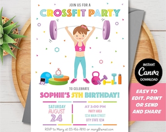 EDITABLE Crossfit birthday Invitation, Fitness Birthday party, Crossfit Invitation Girl, Canva template, INSTANT DOWNLOAD