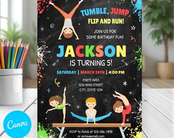 Editable Gymnastic Birthday Invitation, Boys Gymnastic Party, Canva Template, INSTANT DOWNLOAD