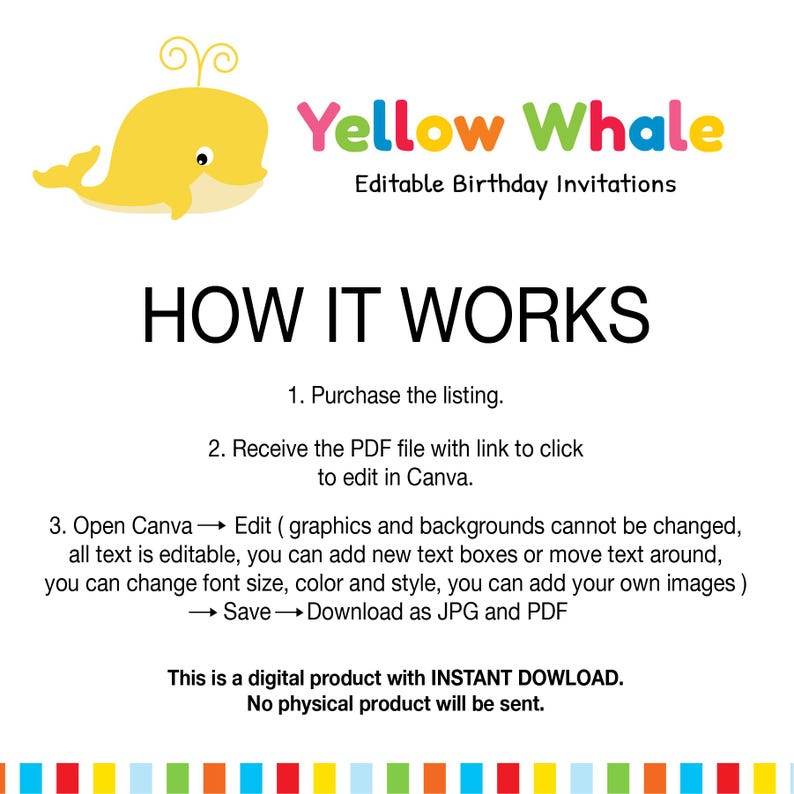 May include: A digital instruction graphic featuring a yellow whale icon and the text Yellow Whale Editable Birthday Invitations. It outlines a three-step process for editing a PDF file in Canva, including saving and downloading as JPG or PDF.