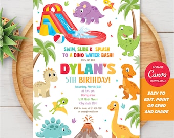 Editable Dinosaur Waterslide Birthday Invitation, Waterslide Dino Party, Canva, INSTANT DOWNLOAD