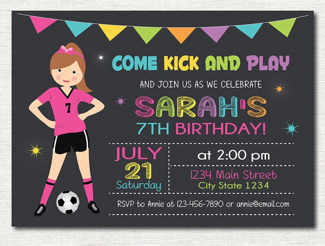 Soccer Girl Birthday Invitation Soccer Invite Football Etsy