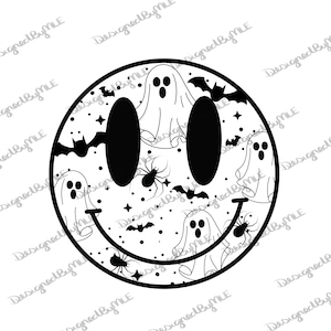 May include: Black and white illustration of a smiley face with a Halloween theme. The smiley face is surrounded by ghosts, bats, spiders, and stars.