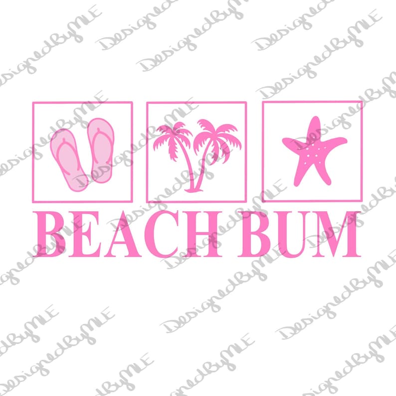 May include: Pink graphic design with three icons in squares: flip flops, palm trees, and a starfish. The text "BEACH BUM" is below the icons.