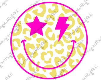 Leopard Print Happy Face with Star and Lightning Bolt (Digital Download)