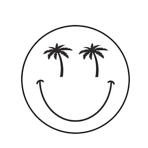 May include: Black and white smiley face with palm trees for eyes.