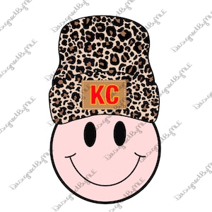 Leopard KC Happy Face PNG, Chiefs, Cheetah Happy Face PNG, Cheetah Smile Face Beanie, Leopard Beanie Happy Face, Instant Download