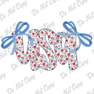 Op de afbeelding: USA gespeld in grote, witte letters met een rood, wit en blauw bloemenpatroon. Elke letter is versierd met een blauwe strik.