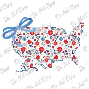 Coquette USA PNG, schattige Amerikaanse kaart, Girly Fourth Of July, patriottische bloemen, USA Bow kaartontwerp, Instant Download