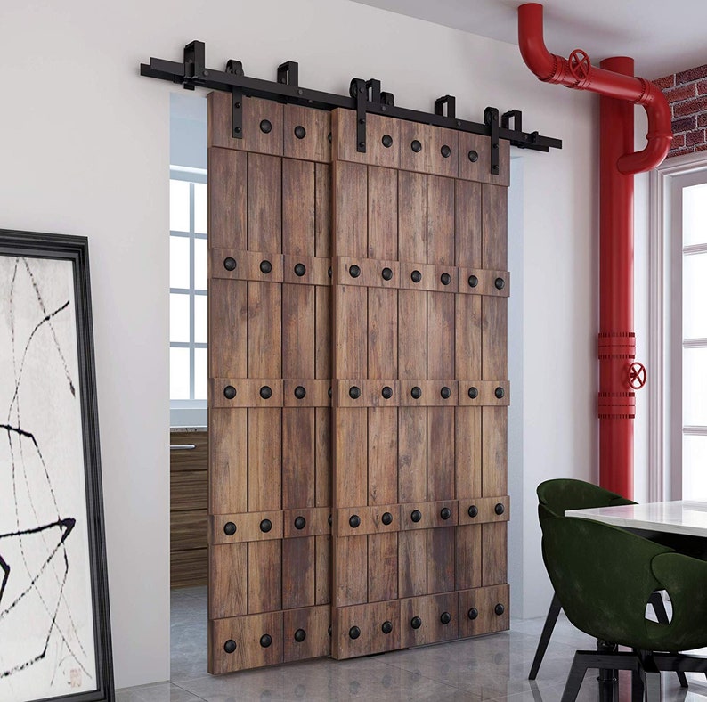 Black Double Sliding Barn Door Track Hardware Kit With N Etsy