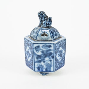 Antique Small Japanese Arita Blue And White Porcelain Hexagon Lion Tripod Censer Incense Burner